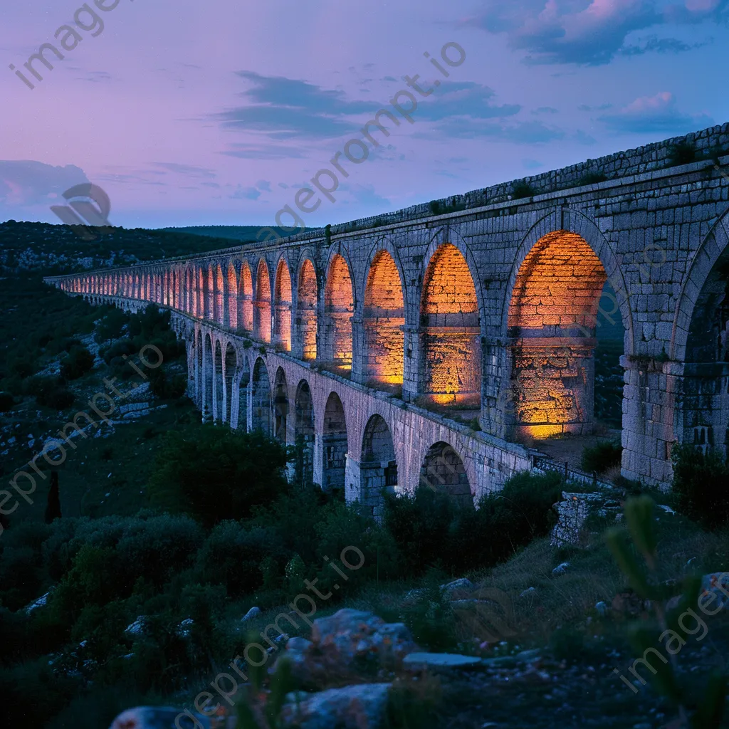 Ancient aqueduct stretching over a valley at dusk - Image 3