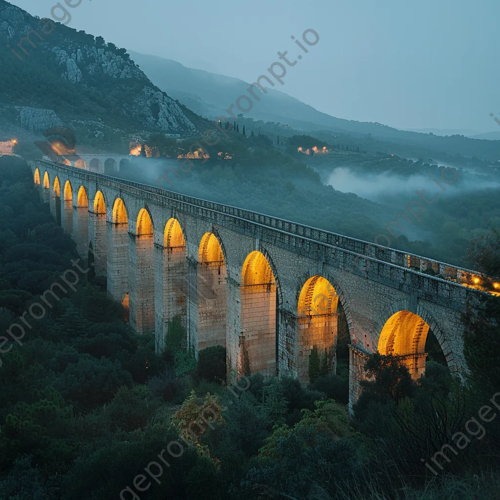 Ancient aqueduct stretching over a valley at dusk - Image 4