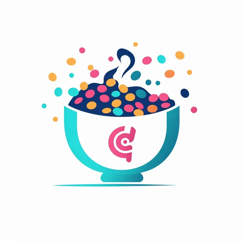 Logo for a cereal cafe with a stylized cereal bowl icon in pink and blue colors on a white polka dot background - Image 3