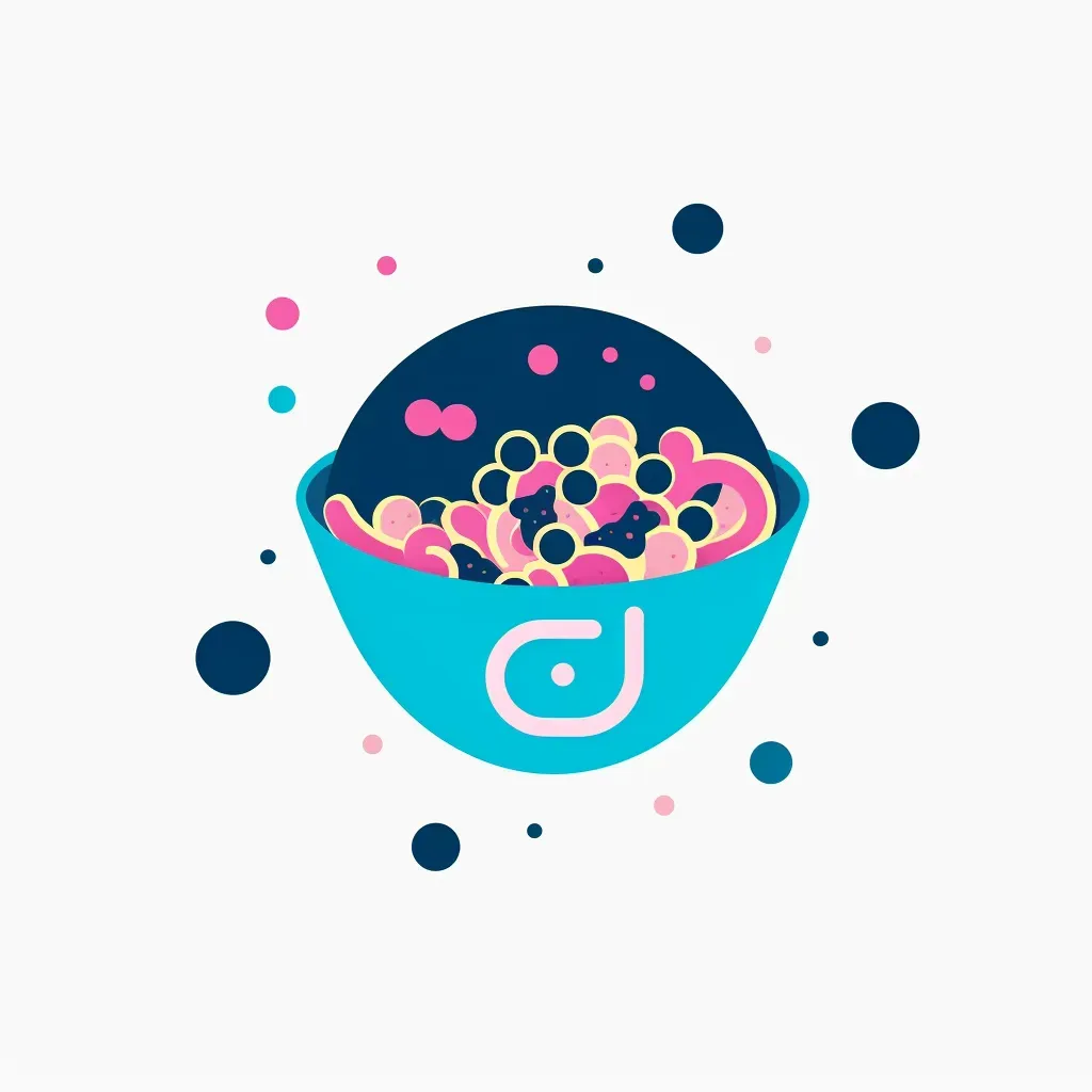 Logo for a cereal cafe with a stylized cereal bowl icon in pink and blue colors on a white polka dot background - Image 4