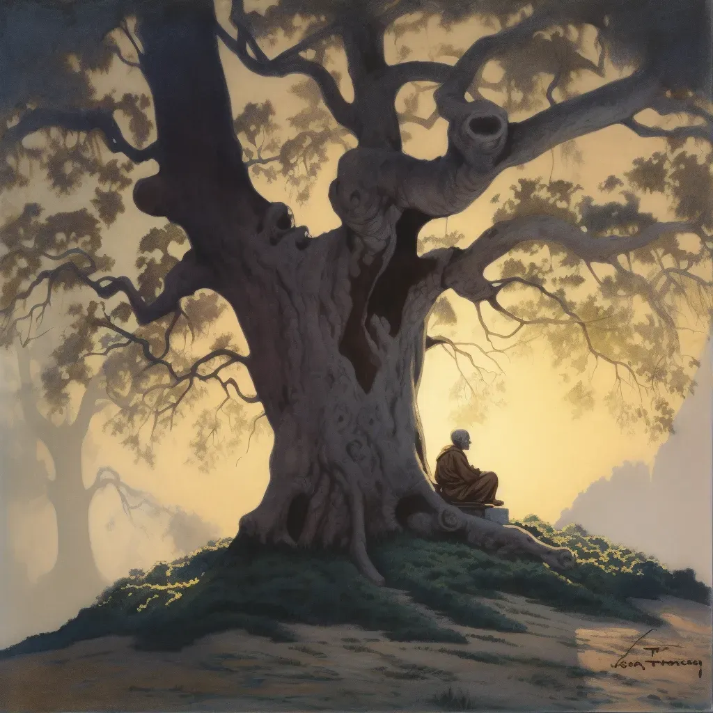 Solitary Monk Meditating under Ancient Tree