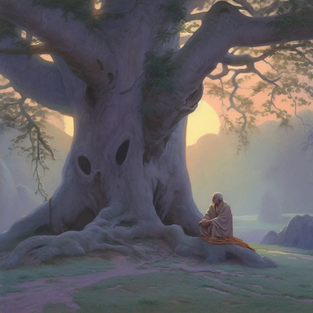 Monk meditating under ancient tree in twilight - Image 2