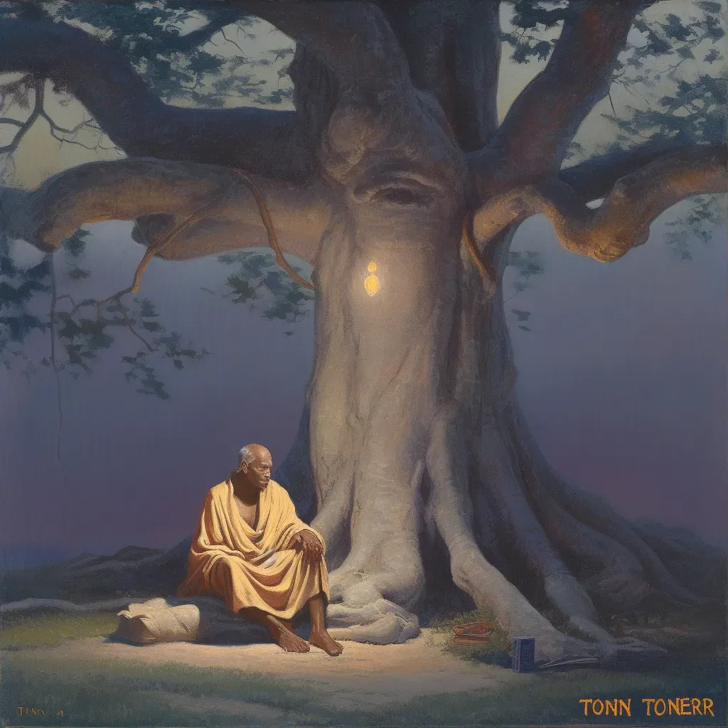 Monk meditating under ancient tree in twilight - Image 3