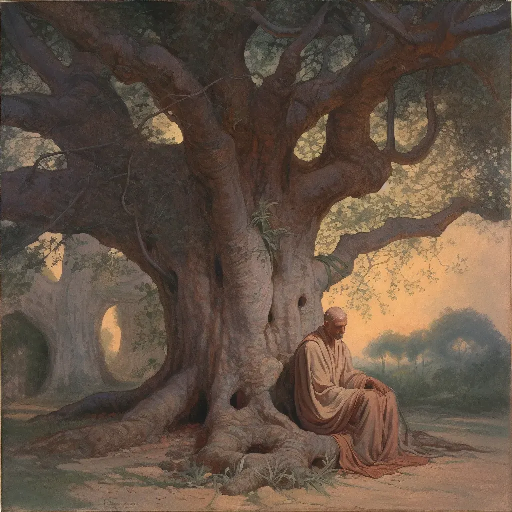 Monk meditating under ancient tree in twilight - Image 4