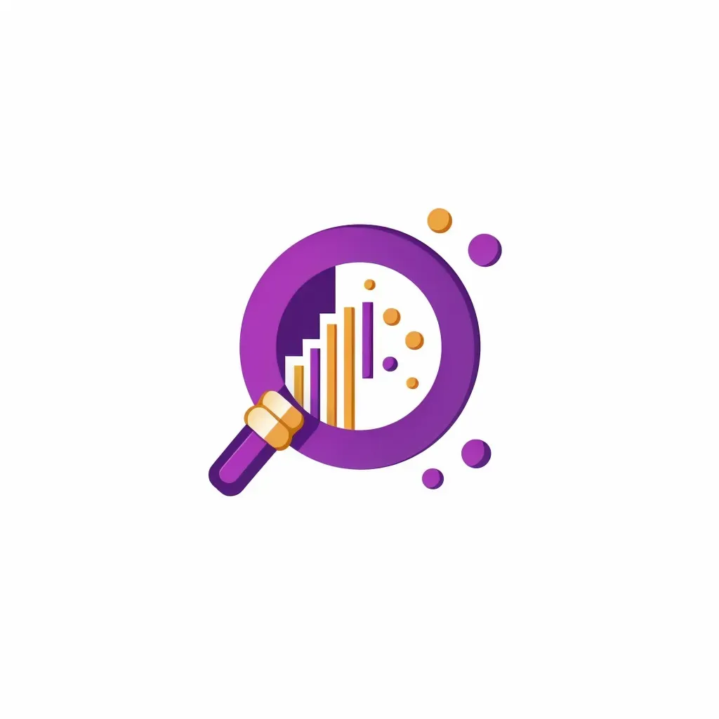 Magnifying glass icon with a bar graph in purple and gold on a white background - Image 1