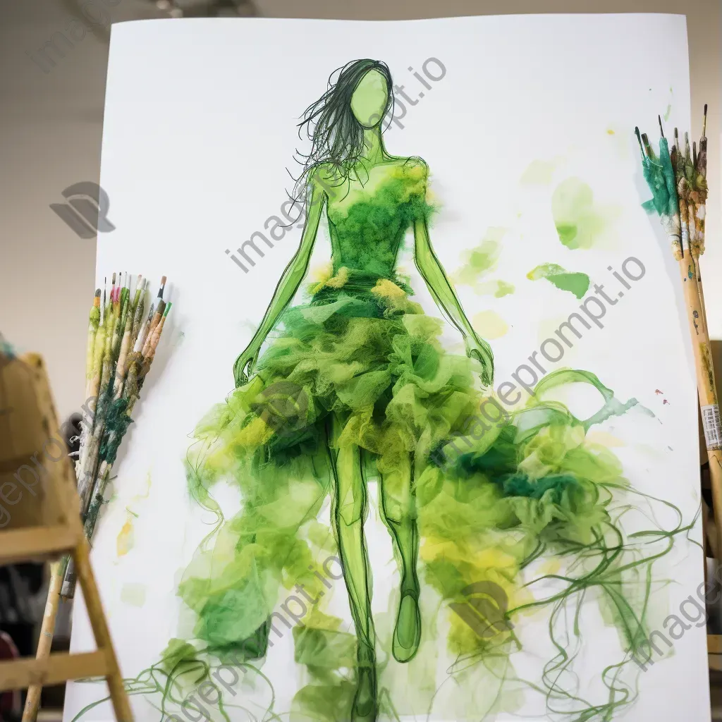 Watercolor painting of a sustainable lab creating plant-based fibers for fashion - Image 1