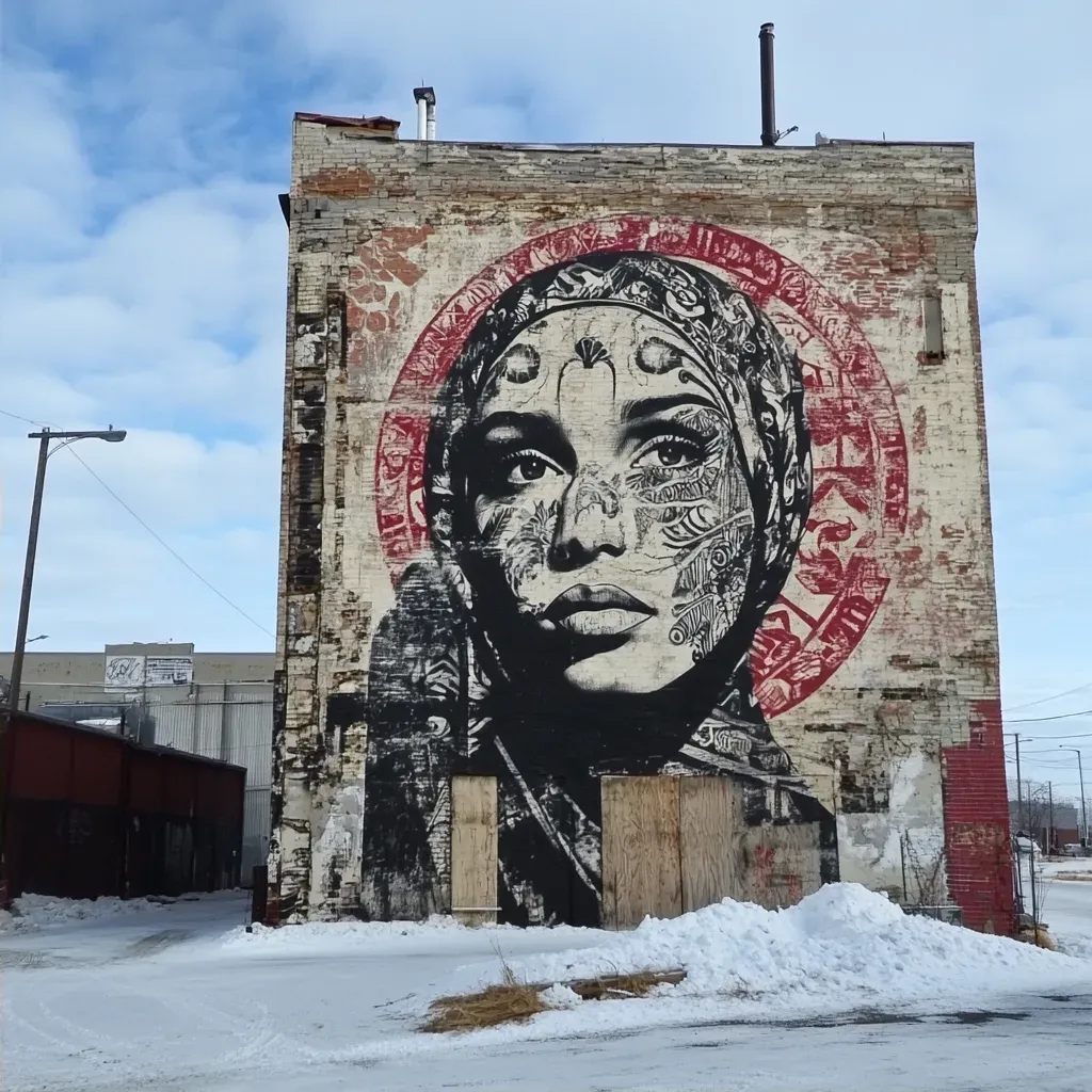 Monochromatic mural with strong social messages on a derelict city building - Image 2