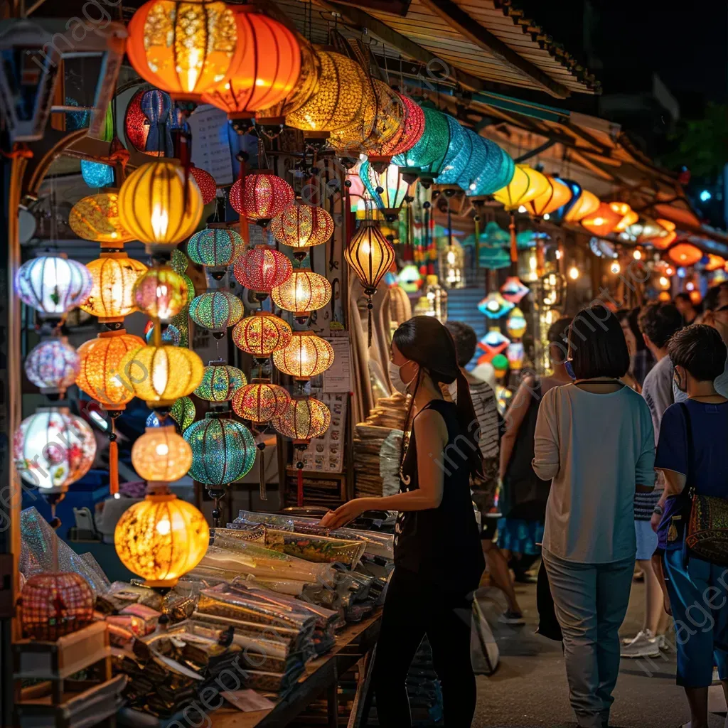 Night market with artisan goods, lanterns, and diverse crowd - Image 1