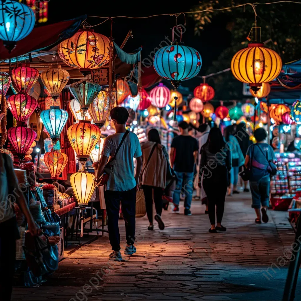 Night market with artisan goods, lanterns, and diverse crowd - Image 2