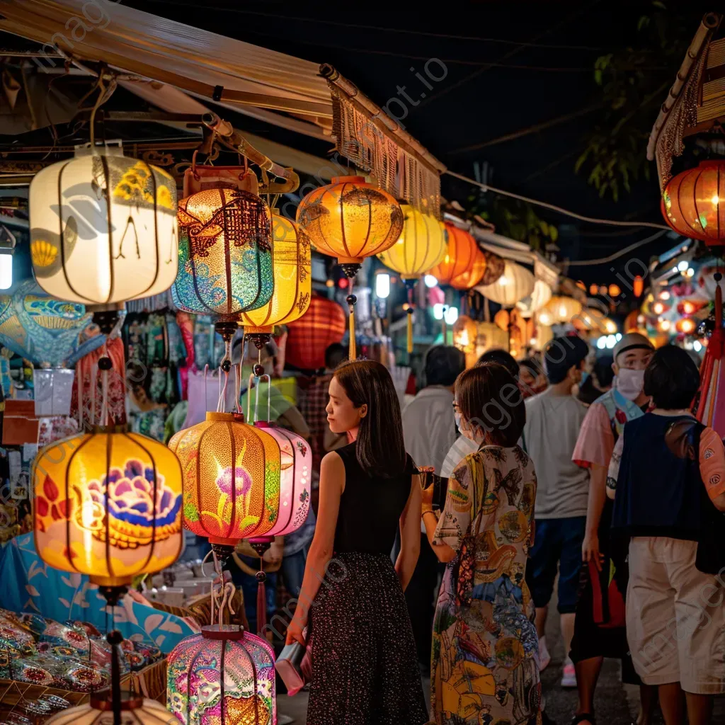 Night market with artisan goods, lanterns, and diverse crowd - Image 3