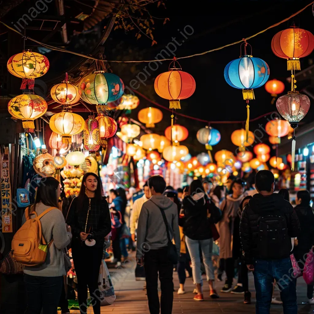 Night market with artisan goods, lanterns, and diverse crowd - Image 4