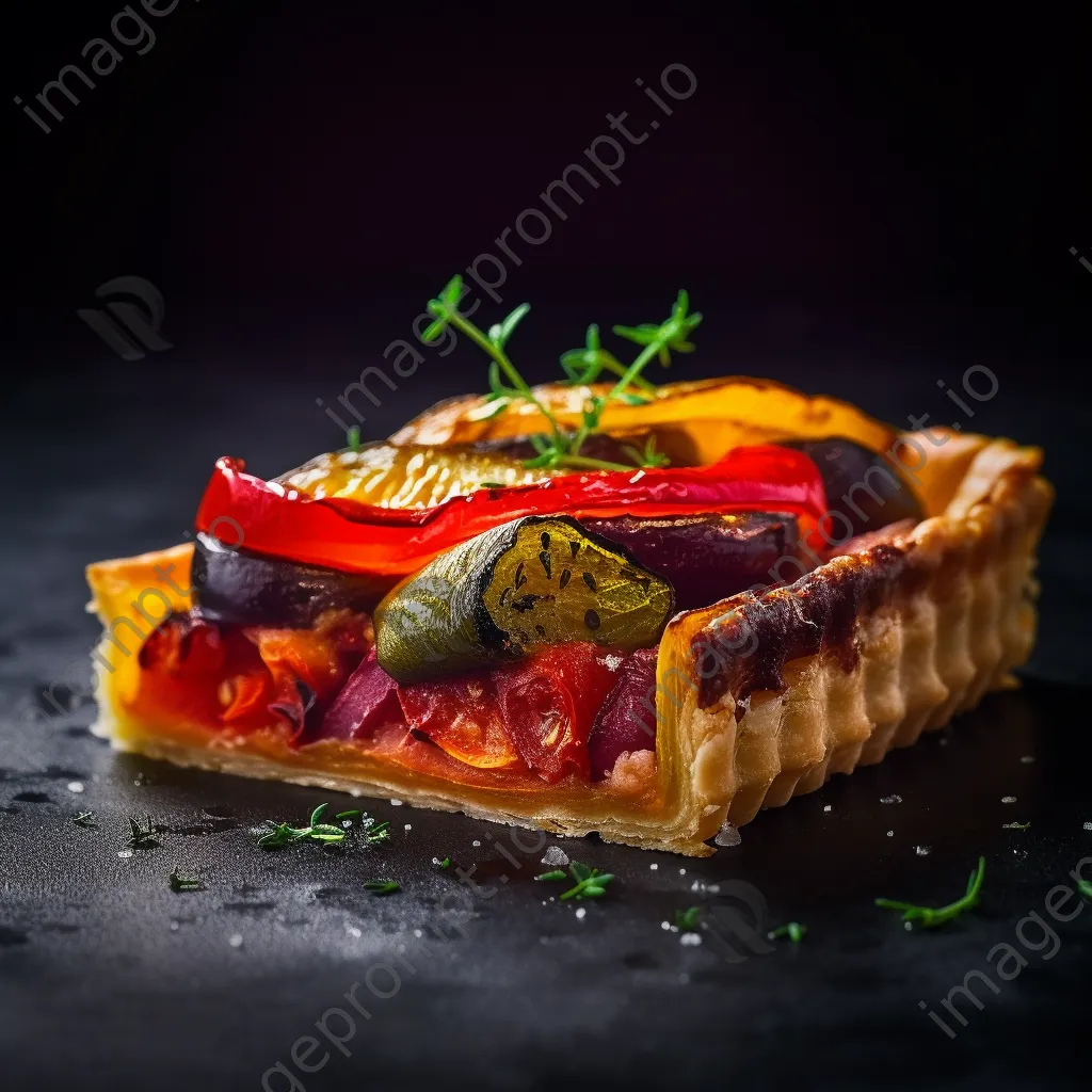 Gourmet vegetable tart on slate board with colorful layers - Image 1