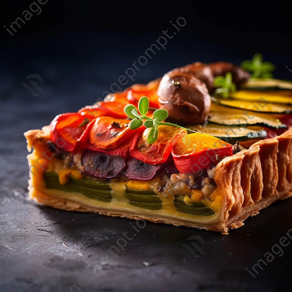 Gourmet vegetable tart on slate board with colorful layers - Image 2