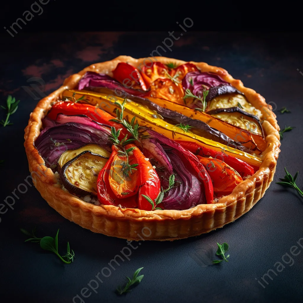 Gourmet vegetable tart on slate board with colorful layers - Image 3