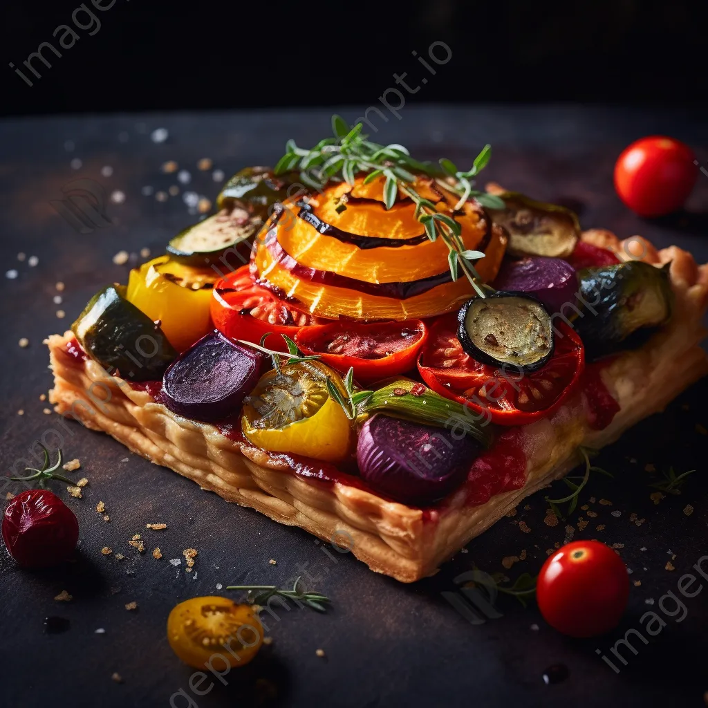 Gourmet vegetable tart on slate board with colorful layers - Image 4