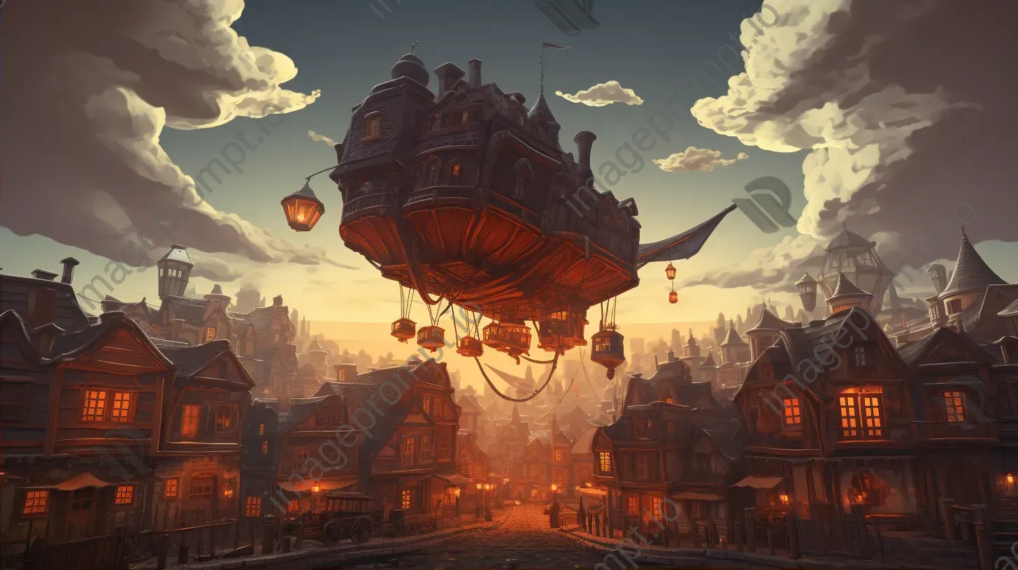 A low poly steampunk airship floating over an old town - Image 2