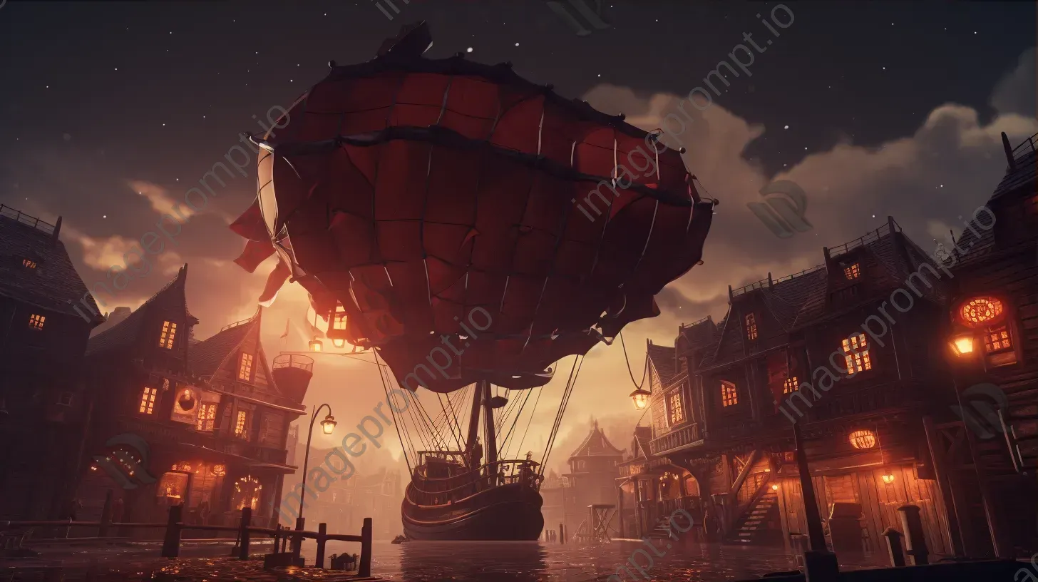 A low poly steampunk airship floating over an old town - Image 3