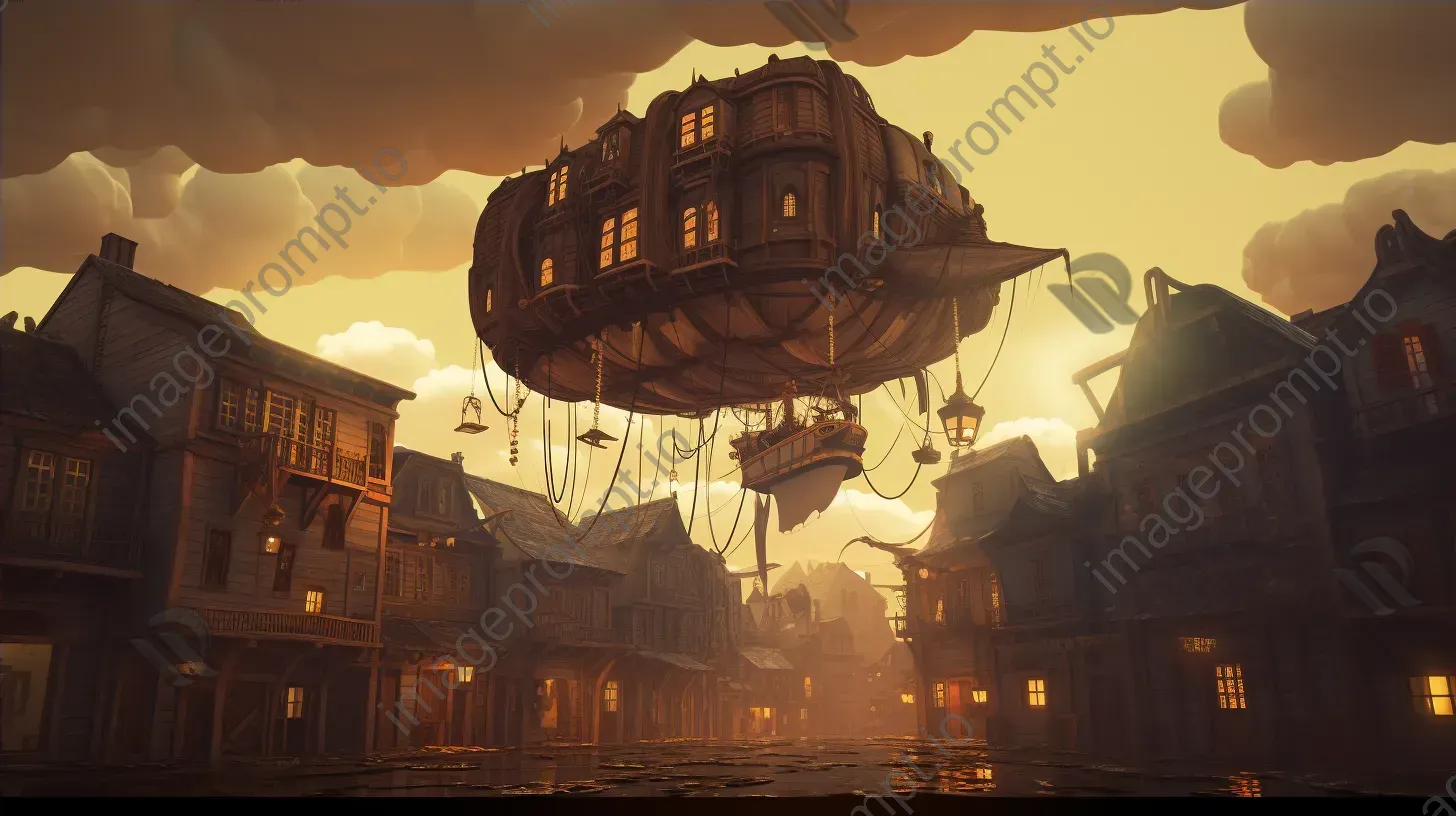 A low poly steampunk airship floating over an old town - Image 4