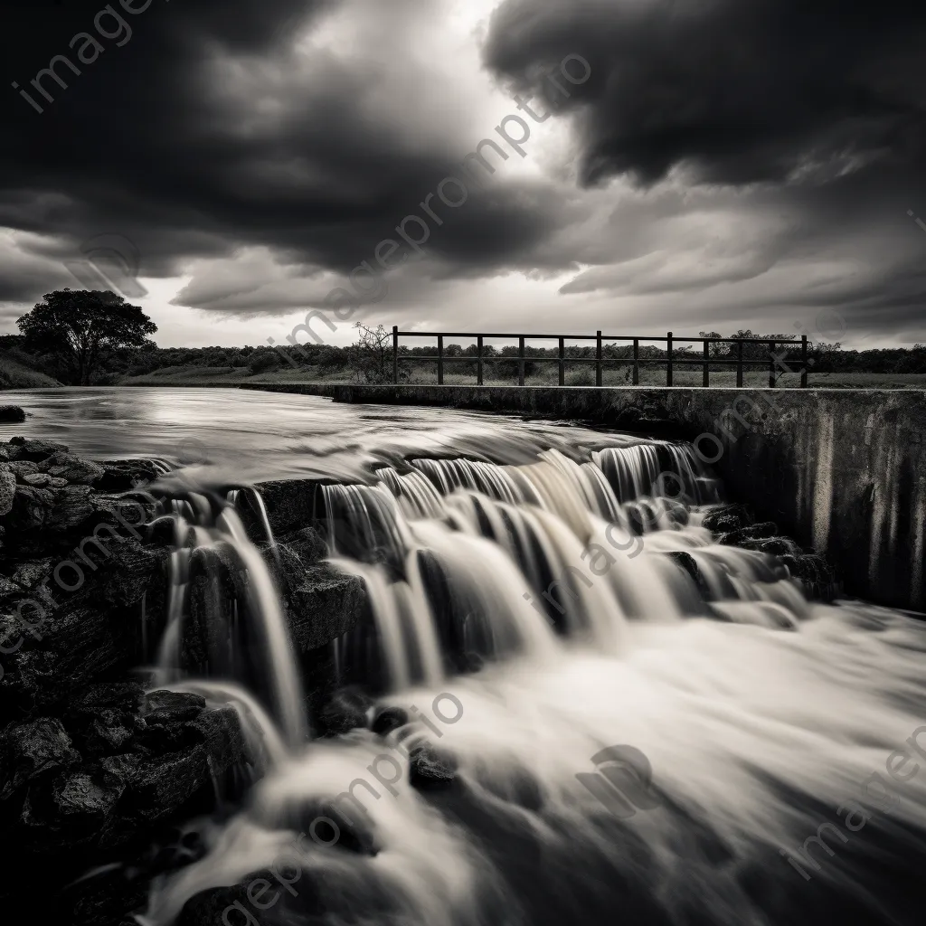 Black and white image of a traditional weir under stormy sky - Image 1