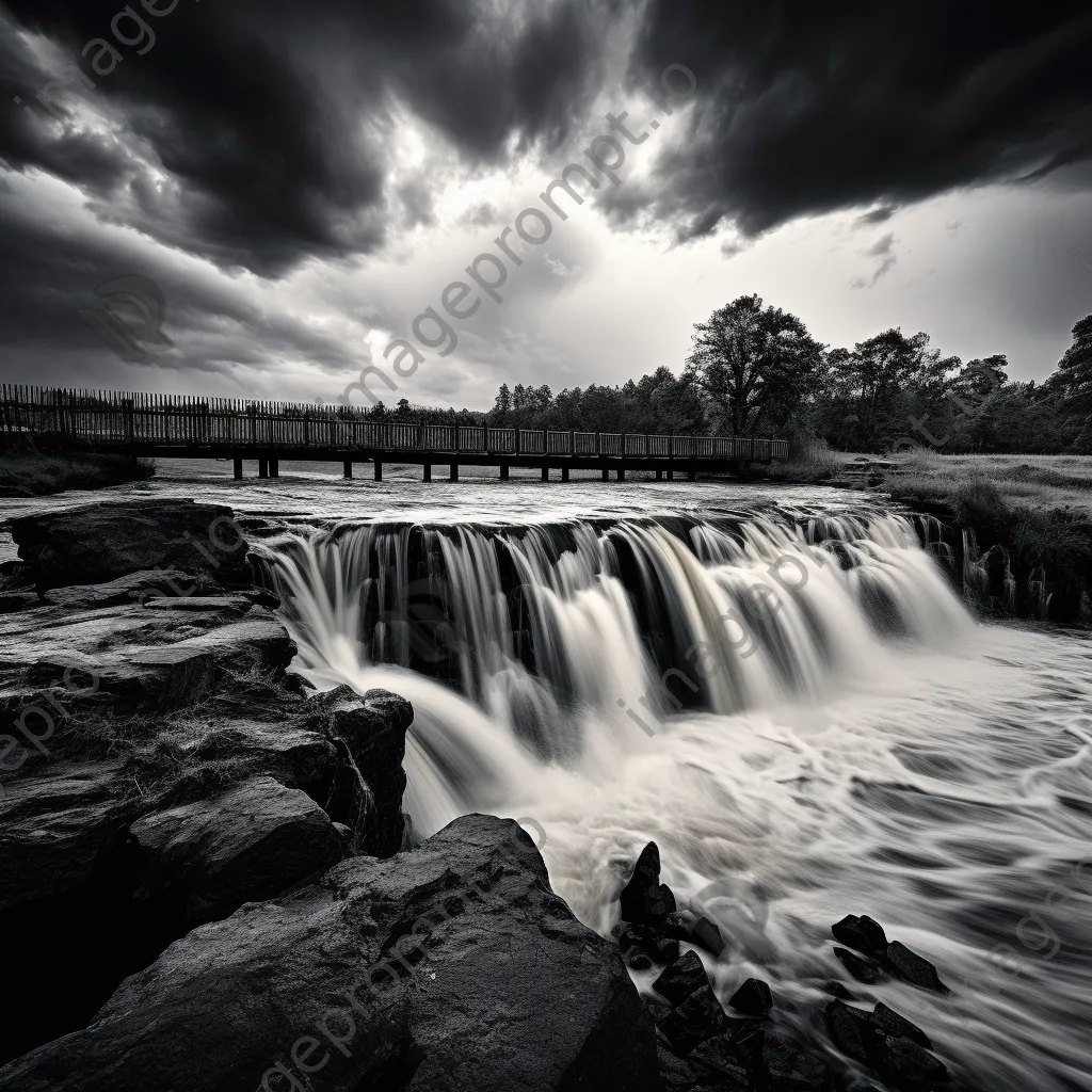 Black and white image of a traditional weir under stormy sky - Image 2