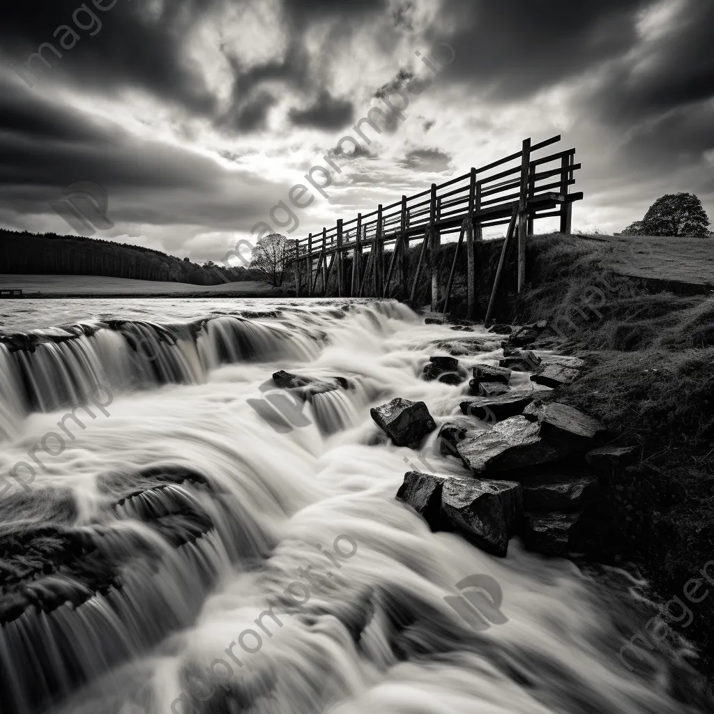 Black and white image of a traditional weir under stormy sky - Image 3