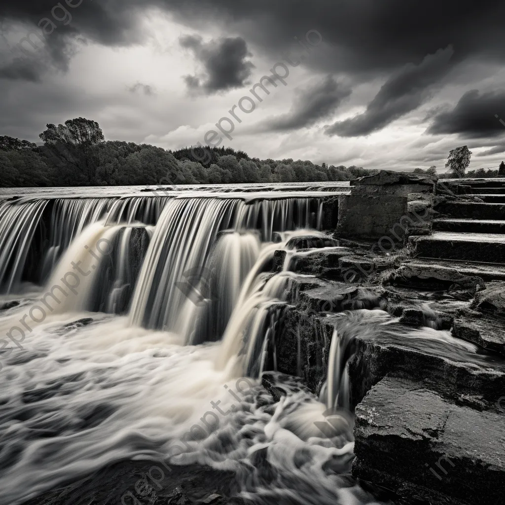 Black and white image of a traditional weir under stormy sky - Image 4