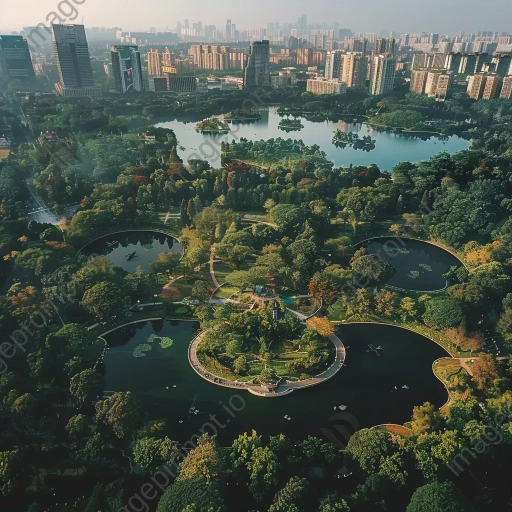 Urban park aerial view with helicopters monitoring, park scene - Image 1