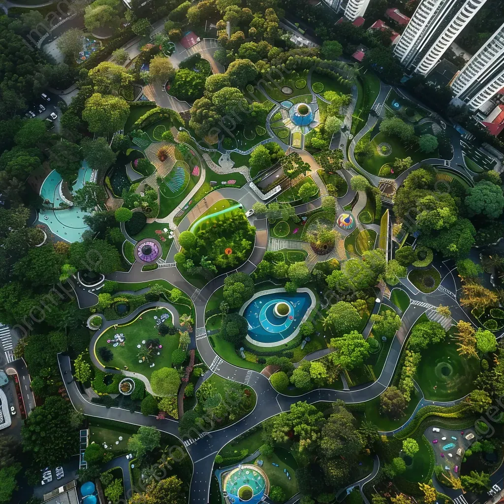 Urban park aerial view with helicopters monitoring, park scene - Image 3