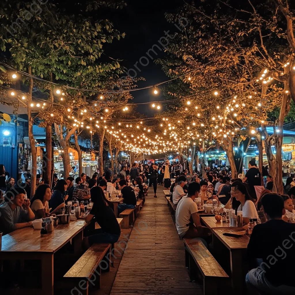 Outdoor street food festival with families sampling various foods - Image 1