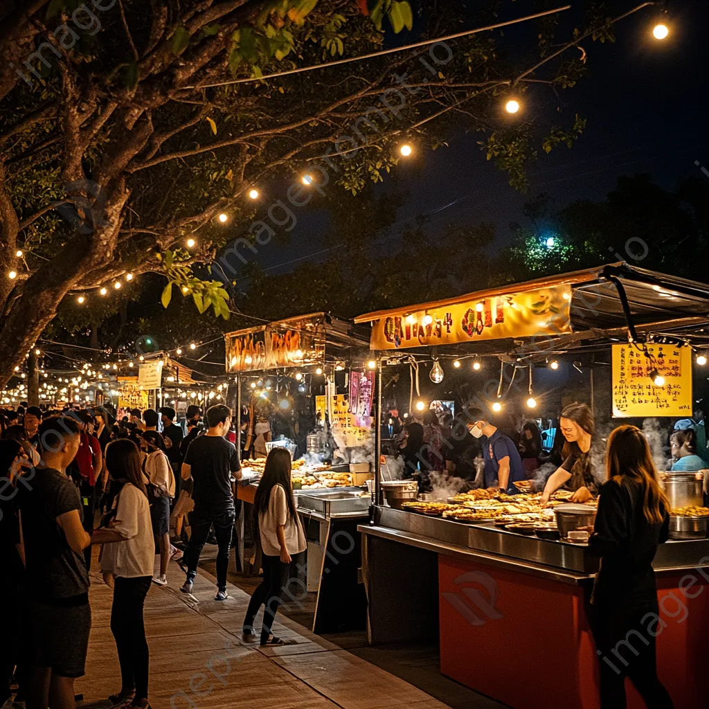 Outdoor street food festival with families sampling various foods - Image 2