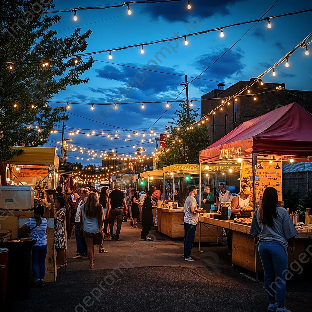 Outdoor street food festival with families sampling various foods - Image 4