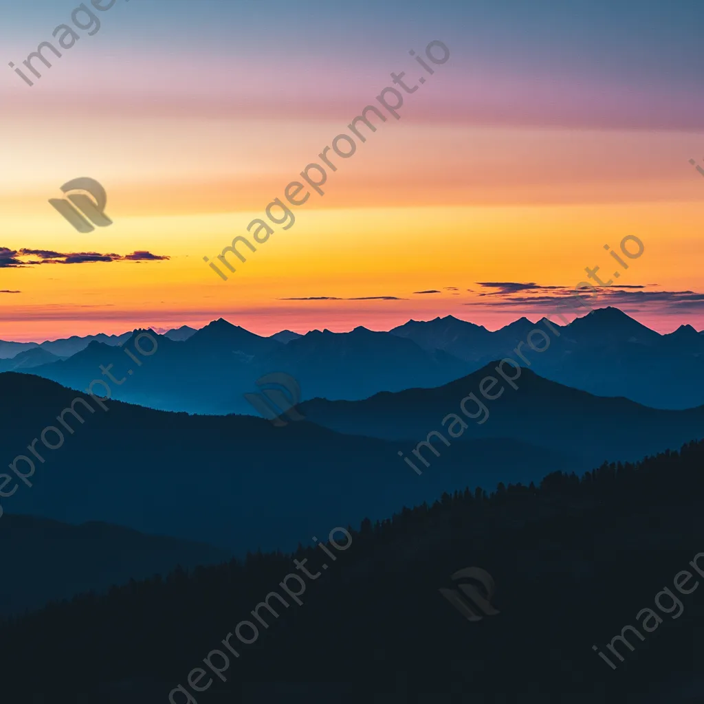 Silhouette of rugged mountain ridges against a colorful sunset - Image 1