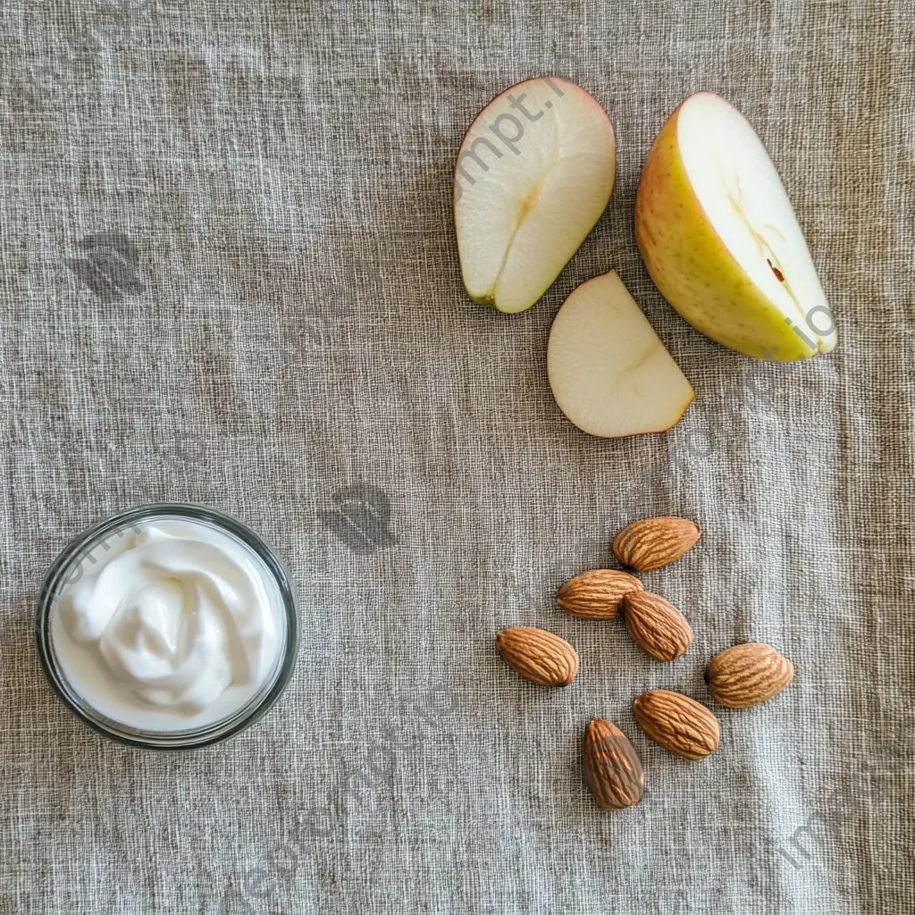 Flat lay of healthy snacks including almonds and apple slices - Image 1