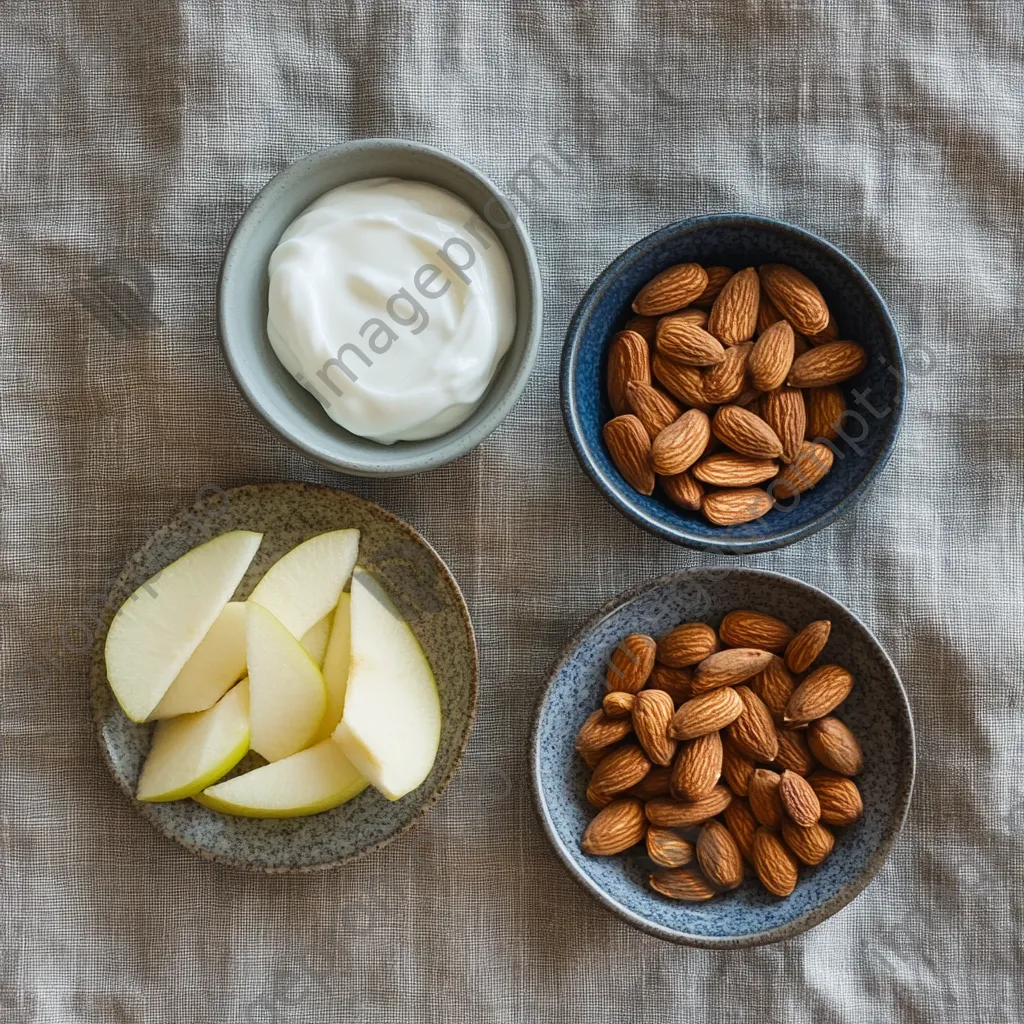 Flat lay of healthy snacks including almonds and apple slices - Image 2