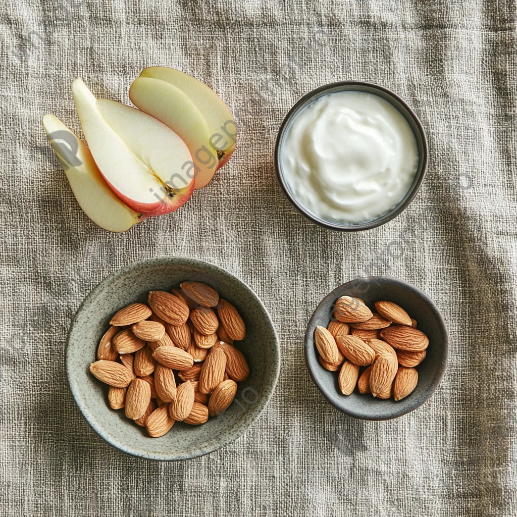 Flat lay of healthy snacks including almonds and apple slices - Image 3