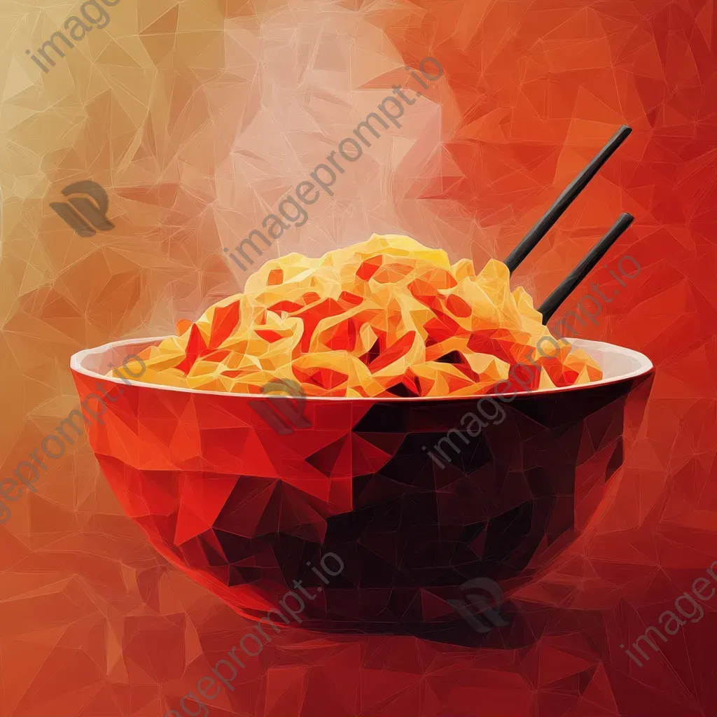 Spicy noodle bowl depicted in low poly style with hot red and orange tones - Image 1