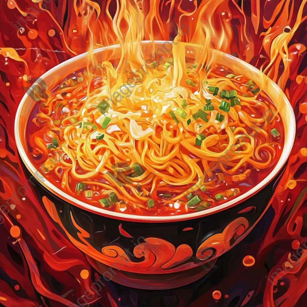 Spicy noodle bowl depicted in low poly style with hot red and orange tones - Image 4