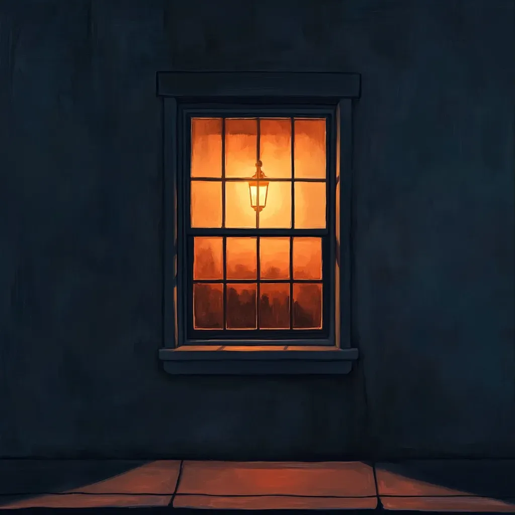 Digital painting of a single lamp-lit window in a dark building, depicting minimalism - Image 3