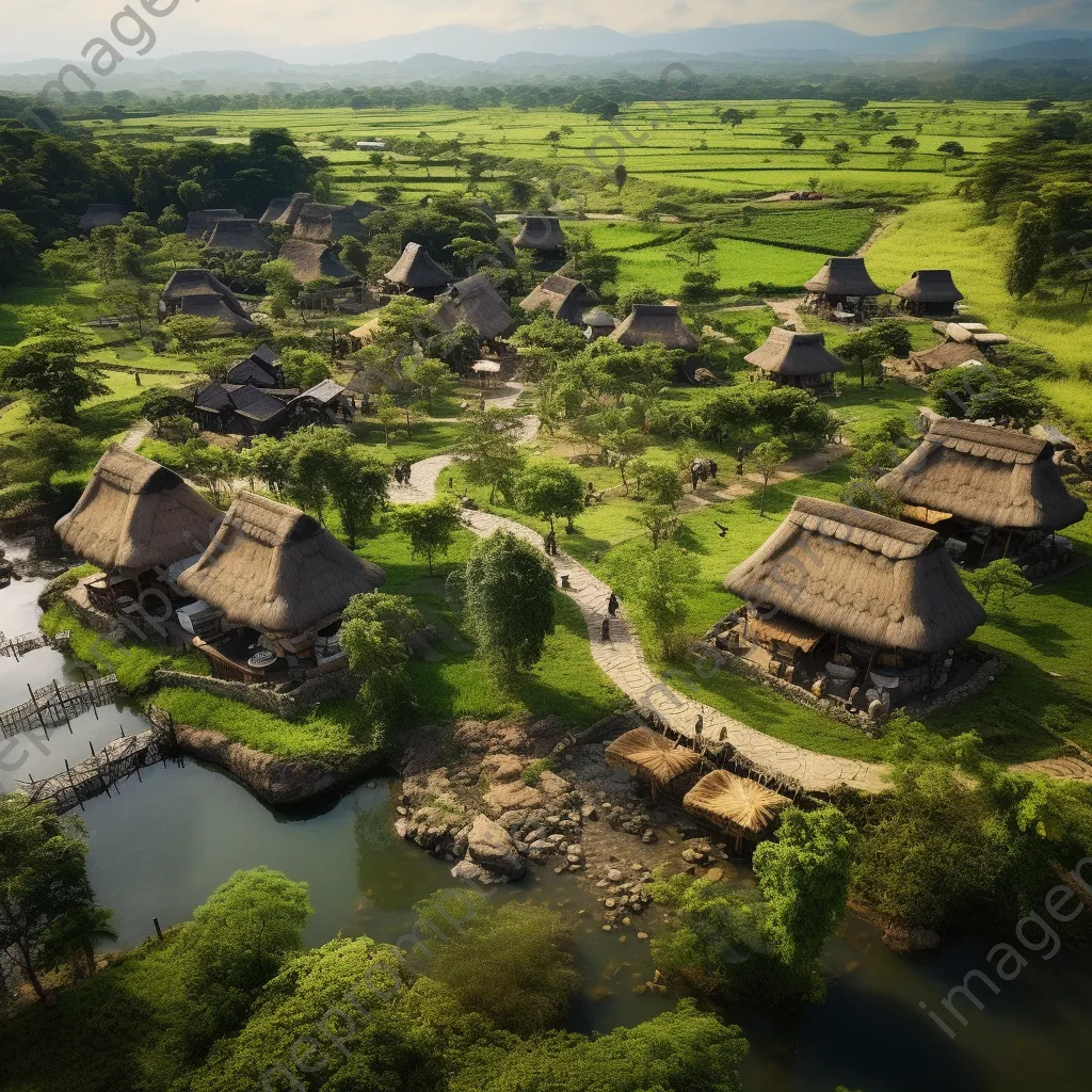 Aerial view of a village with thatched roofs - Image 1