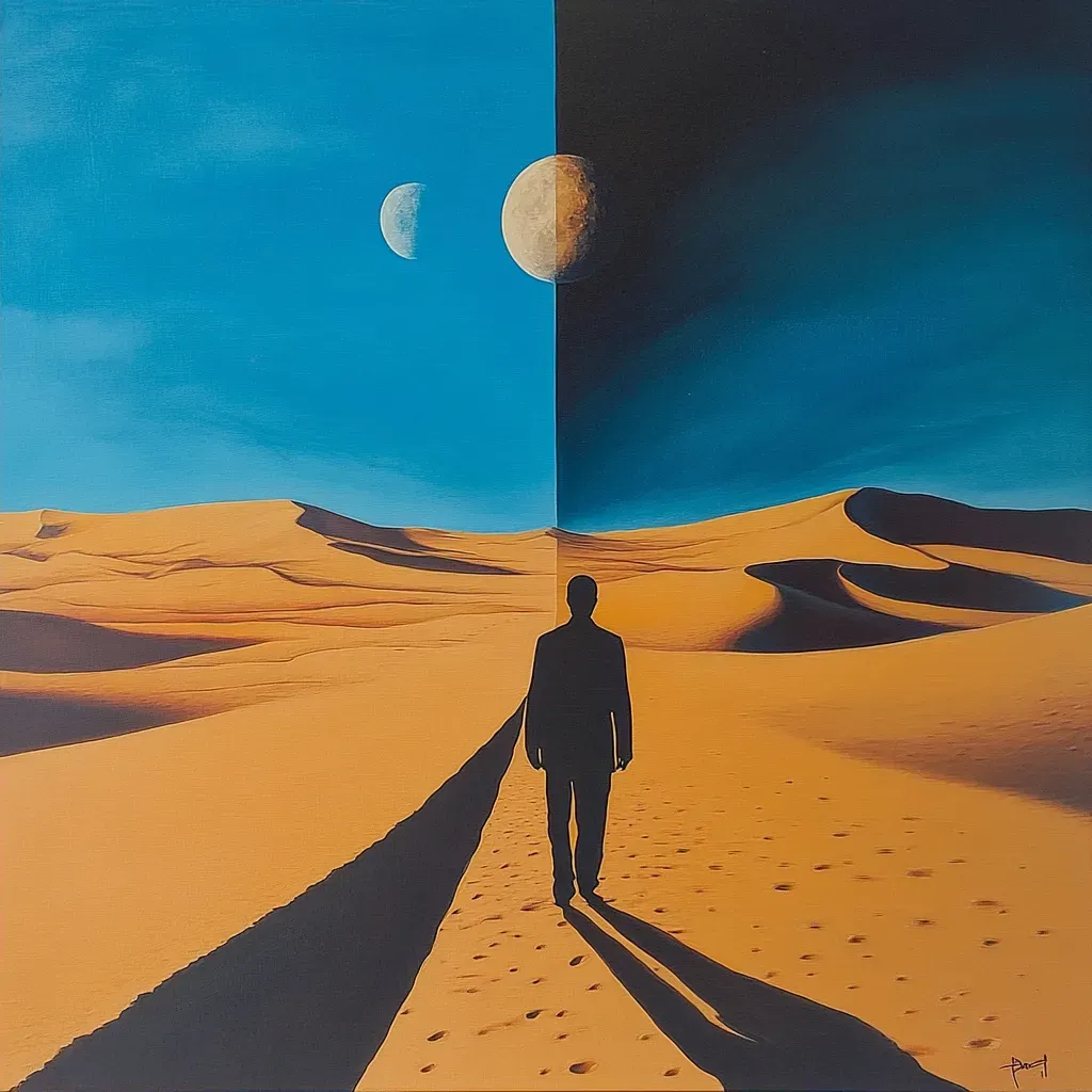 Surreal acrylic painting of a desert landscape under a two-moon nighttime sky with a solitary explorer - Image 2