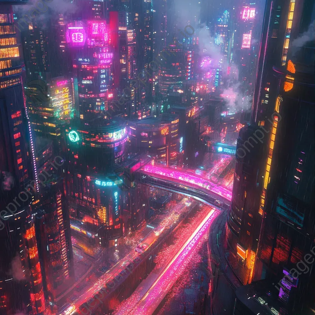 Retro-futuristic cityscape under neon lights in Art Deco style - Image 1