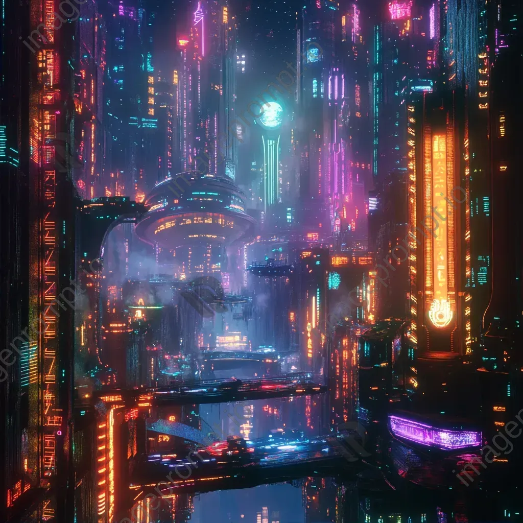 Retro-futuristic cityscape under neon lights in Art Deco style - Image 2