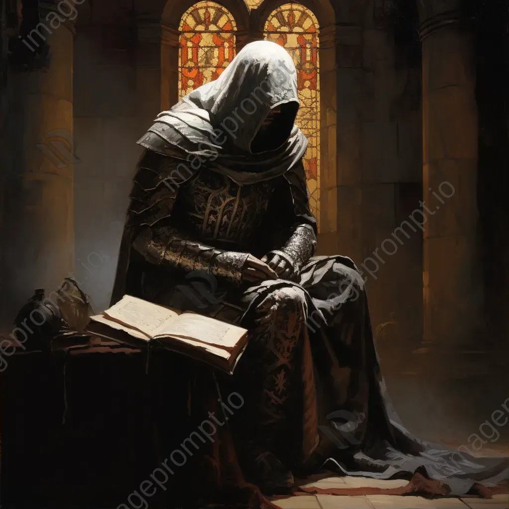 Chiaroscuro depiction of a Knight Templar in a serene monastery - Image 2