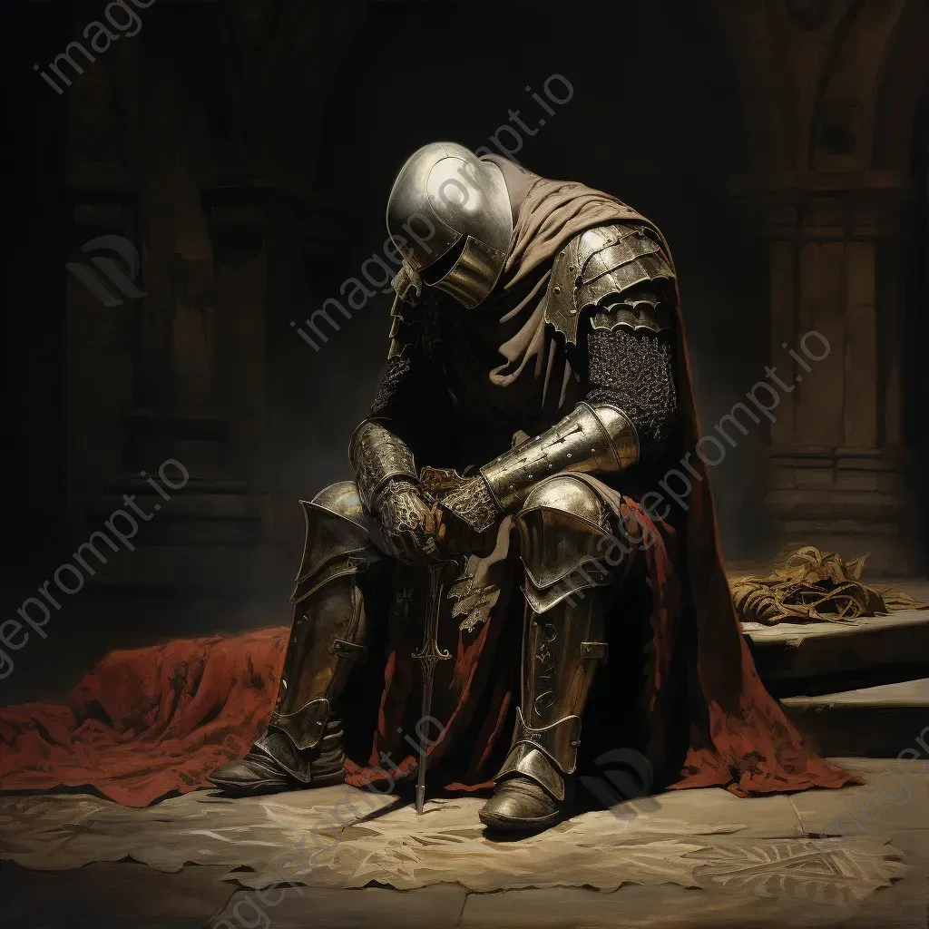 Chiaroscuro depiction of a Knight Templar in a serene monastery - Image 3