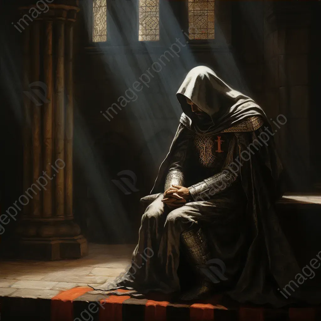 Chiaroscuro depiction of a Knight Templar in a serene monastery - Image 4