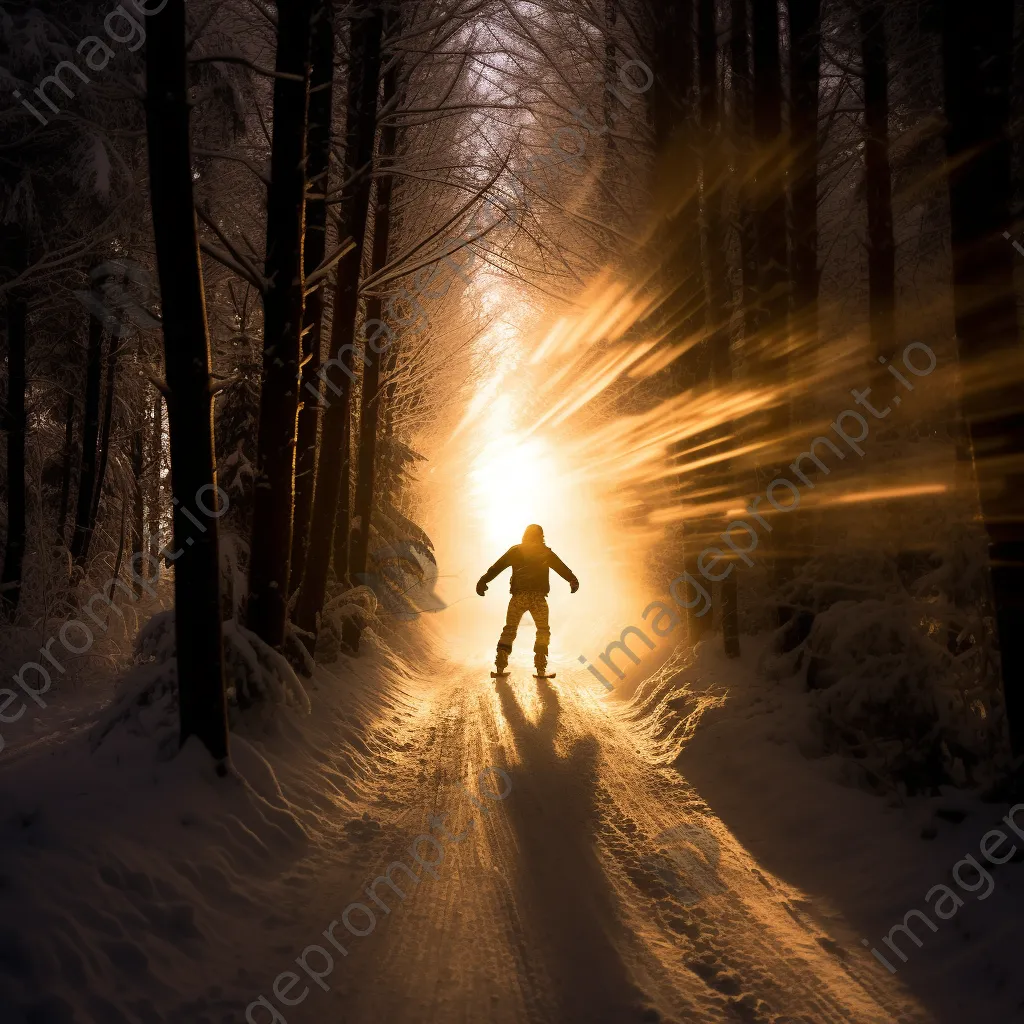 Snowboarder going through a sunlit forest trail in winter - Image 2