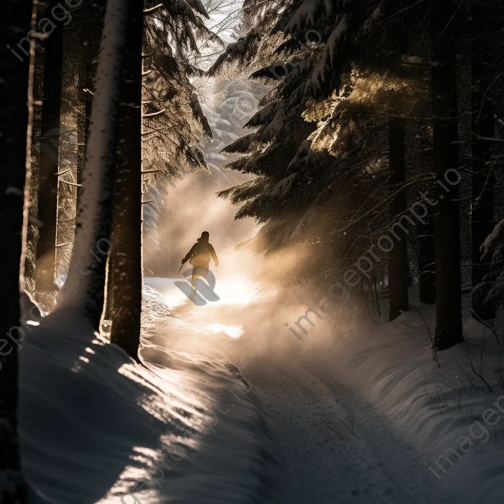 Snowboarder going through a sunlit forest trail in winter - Image 3