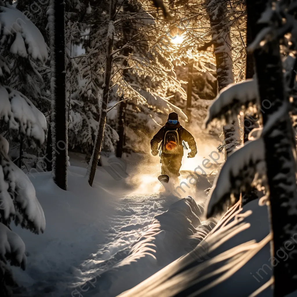 Snowboarder going through a sunlit forest trail in winter - Image 4