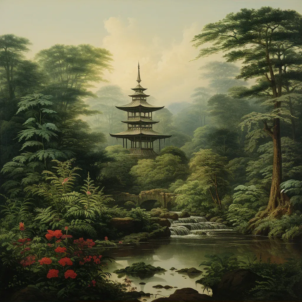 Image of a serene tea garden with a traditional pagoda and stream - Image 1