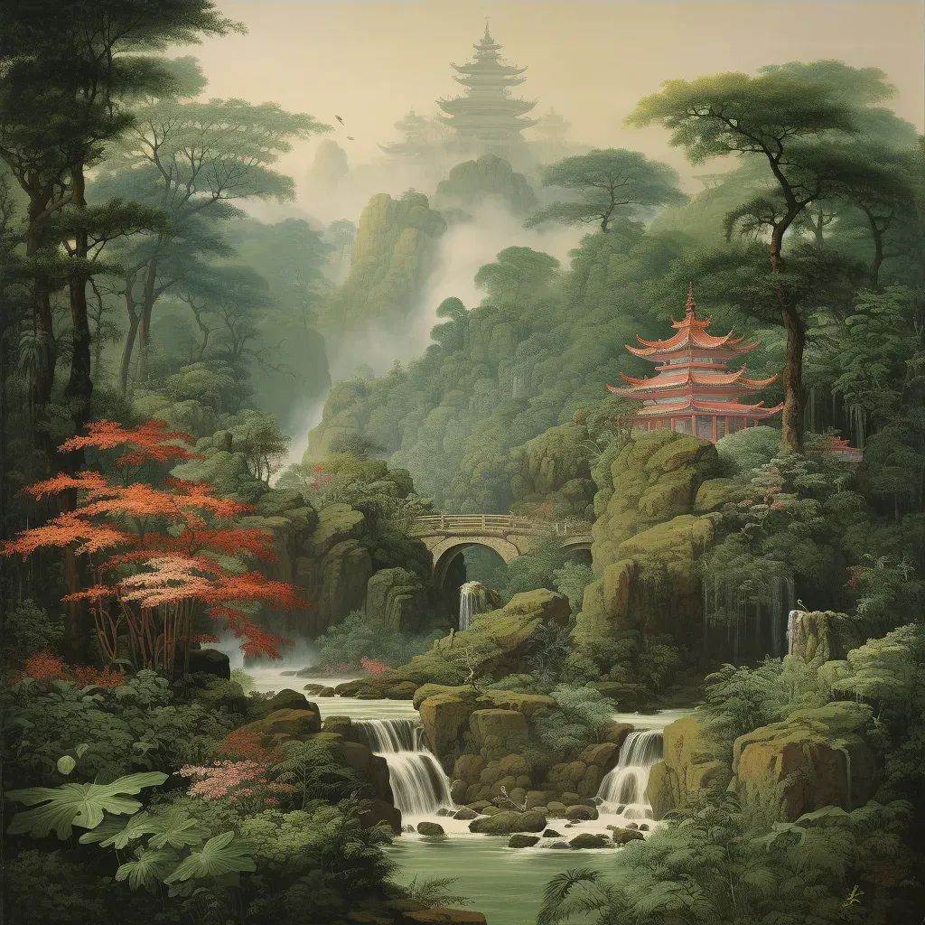 Image of a serene tea garden with a traditional pagoda and stream - Image 3